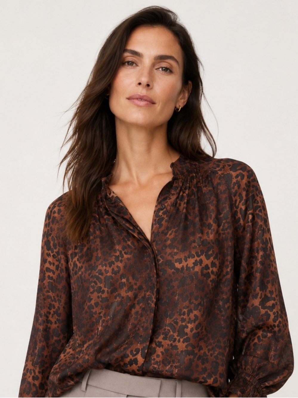 Calypso St. Barth M Luxury Leopard Print Satiny Sheer Blouse Gold Tinsel Resort